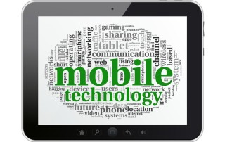 tablet with mobile technology word bubble