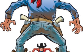 Cartoon Cowboy Standoff. Representing the MLS/Broker Standoff