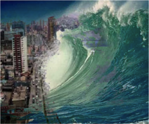 waves crashing into a city
