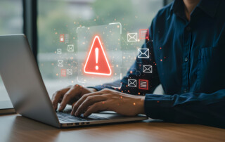man sitting at laptop. AI warning label floating above hands
