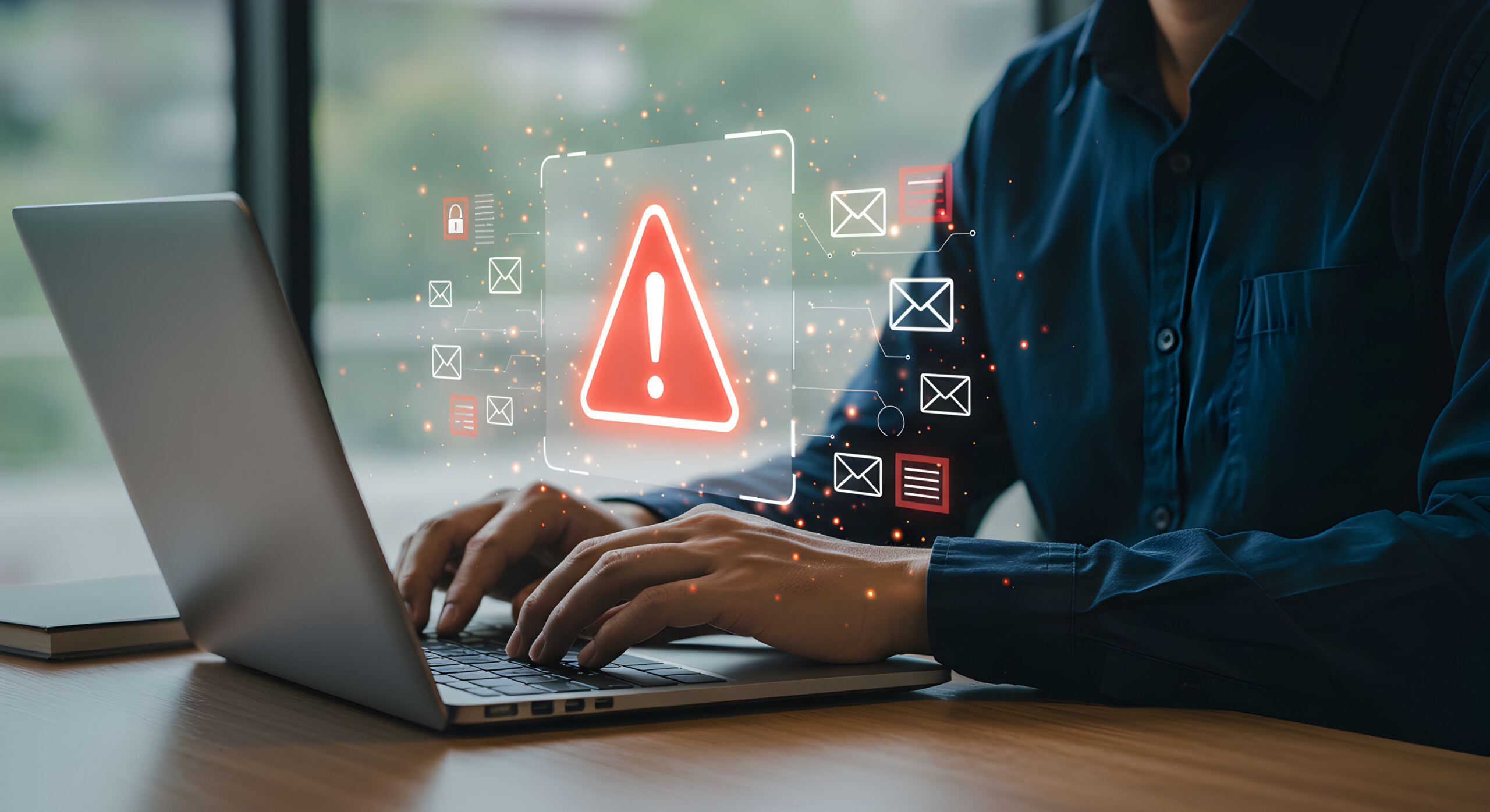 man sitting at laptop. AI warning label floating above hands