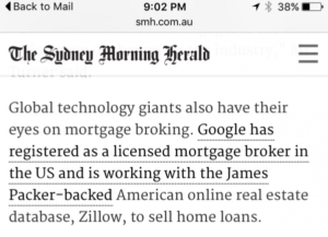 Sydney Morning Herald Google Supporting Zillow Article Screen Capture