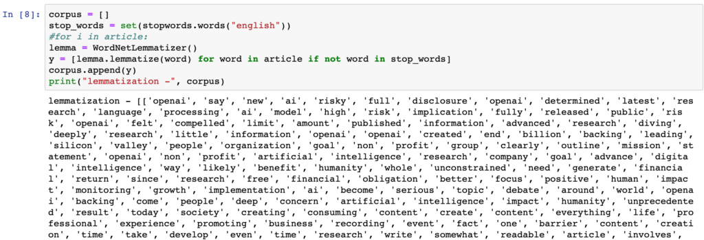 NLP - Lemmatization of the WAV Group OpenAI Article