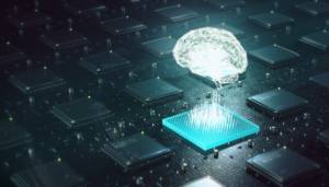 Machine learning , artificial intelligence, ai, deep learning blockchain neural network concept. Brain made with shining wireframe above multiple blockchain cpu on circuit board 3d render.