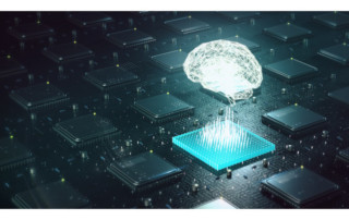 Machine learning , artificial intelligence , ai, deep learning blockchain neural network concept. Brain made with shining wireframe above multiple blockchain cpu on circuit board 3d render