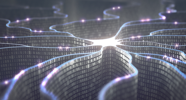 Artificial neuron in concept of artificial intelligence. Wall-shaped binary codes make transmission lines of pulses, information in an analogy to a microchip.