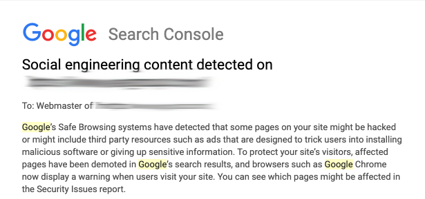 Google Search Engine Console notification of a malicious page on the web site.