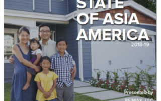 Asian family- mother, father, and three children standing in front of house with text "State of Asia America 2018-19" cover of report