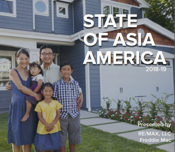 Asian family- mother, father, and three children standing in front of house with text "State of Asia America 2018-19" cover of report