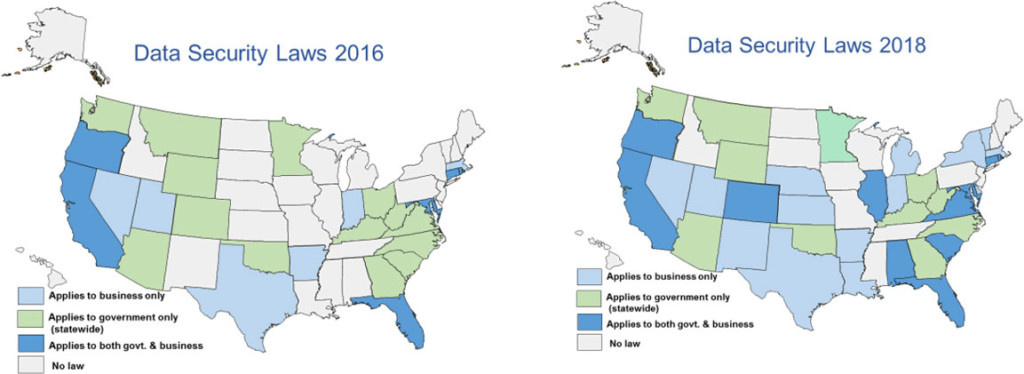 Data Security Laws Map Comparing State by State in 2018 versus 2016 