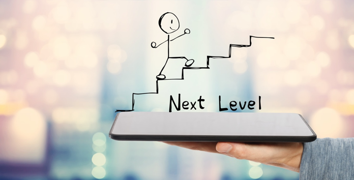 next level stick figure climbing up stairs, reaching the next level