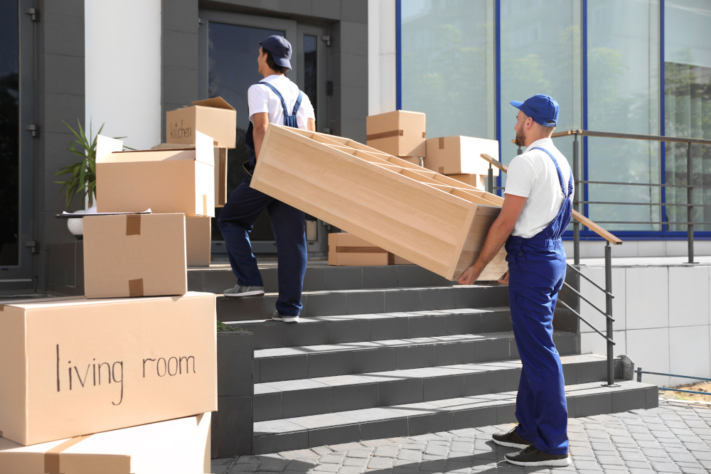 Male movers carrying shelving unit into new house