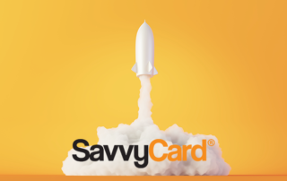 SavvyCard launch with rocket on yellow background