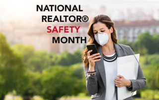 national realtor safety month text on background of white business woman with phone