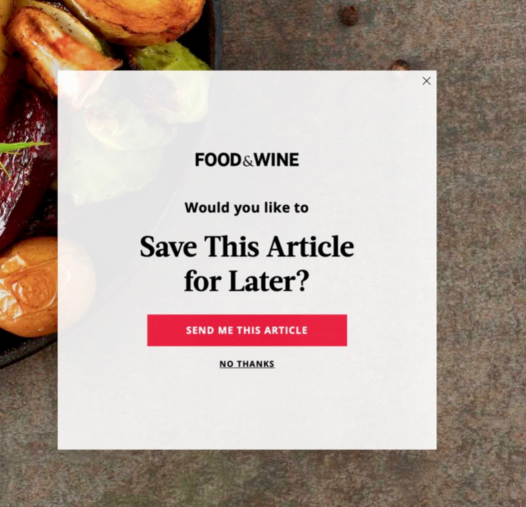 screenshot of a popup reading "would you like to save this article for later"