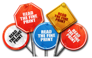 Various road signs reading "Read fine print"