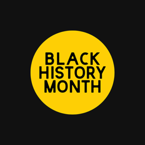 yellow circle with text reading "black history month" on black background