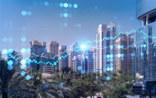 Panoramic view of steel and glass skyscrapers of Dubai Marina. Modern cityscape of the capital of the UAE. Financial services hub. FOREX graph and chart concept. Double exposure.