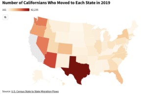 Map of US census data showing which state Californians move to