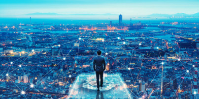 Man standing on futuristic platform