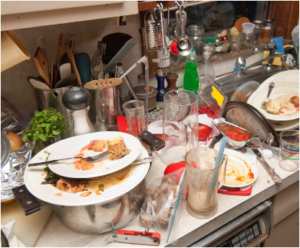 dirty dishes piled on counter