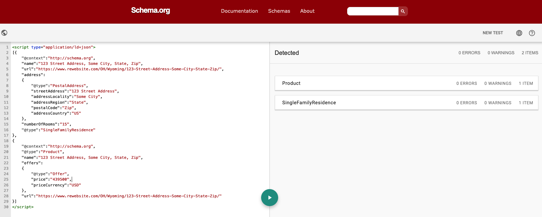 JSON of a schema.org structured data sample