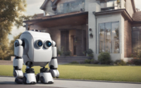 An AI-generated image of a robot in front of a house.