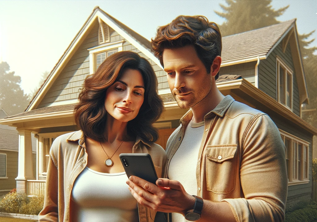 A woman and her husband standing outside of a home viewed from the street