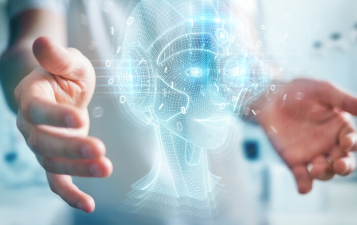 Businessman using digital artificial intelligence head interface 3D rendering