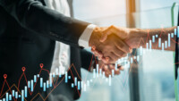 Double exposure of Teamwork,partnership and Social connection in business,Finishing up a meeting,handshake of happy business people after contract agreement to become a partner,collaborative teamwork.