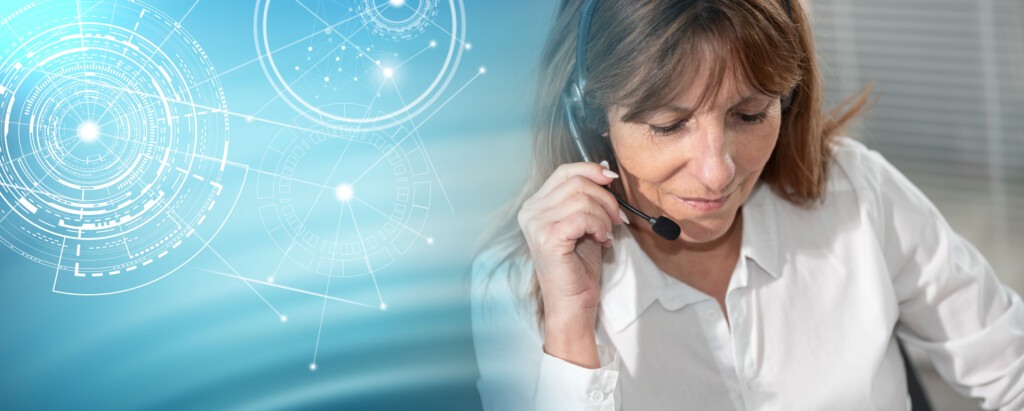 Female helpline operator in headset; panoramic banner