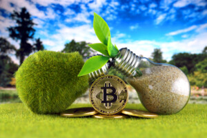Bitcoin (BTC) and green, renewable energy concept. Electricity prices, energy saving in the cryptocurrency mining business.