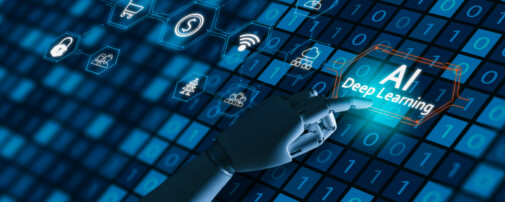 Robot finger point to AI deep learning word with blue tone image.Artificial intelligence brain on blue integrated circuit background.Artificial intelligence (AI) and machine learning concept.