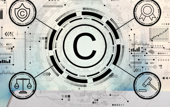 Copyright concept with man holding a tablet computer