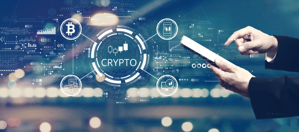Crypto Trading theme with businessman using a tablet computer