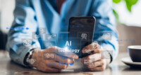 Portrait of businessman use digital smartphone with business future Ai technology link internet connection network bigdata wireless Artificial Intelligence internet.Ai and technology