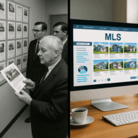 A comparative, split-image photograph illustrates the evolution of real estate from analog to digital MLS systems.