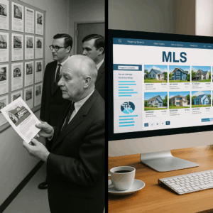 A comparative, split-image photograph illustrates the evolution of real estate from analog to digital MLS systems.