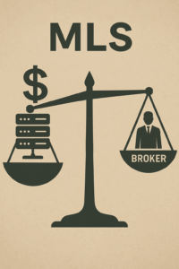 A conceptual digital illustration features a balance scale showing MLS monetary and technological weight tipping over an individual labeled ‘Broker.’
