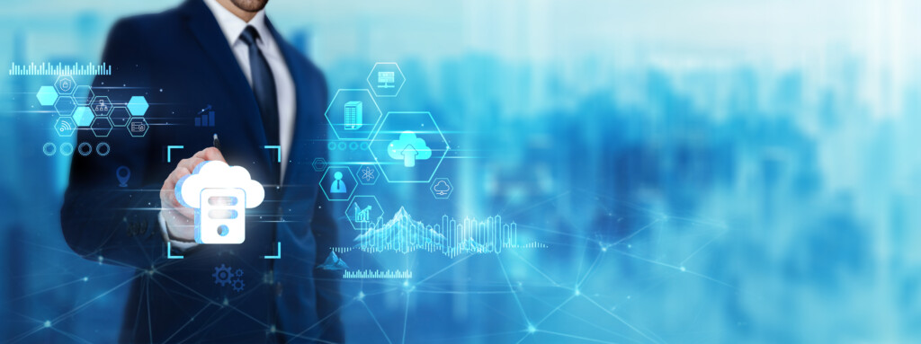 Hosting: Businessman holding cloud icon, digital technology era of future, server management, technology of deep learning infrastructure, scalability, reliability concept.