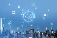 Cloud computing and data icons over modern city skyline, digital style, on a blue background. Concept of network technology and digital infrastructure