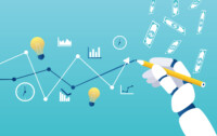 Path to success wtih new technology implementation concept. Vector of a robot hand drawing a graph line leading to the goal.