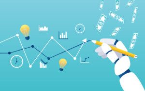 Path to success wtih new technology implementation concept. Vector of a robot hand drawing a graph line leading to the goal.