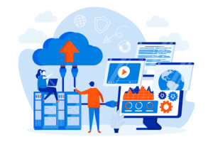 Hosting provider web design concept with people characters. Hosting engineers work scene. Website hosting service composition in flat style. Vector illustration for social media promotional materials.