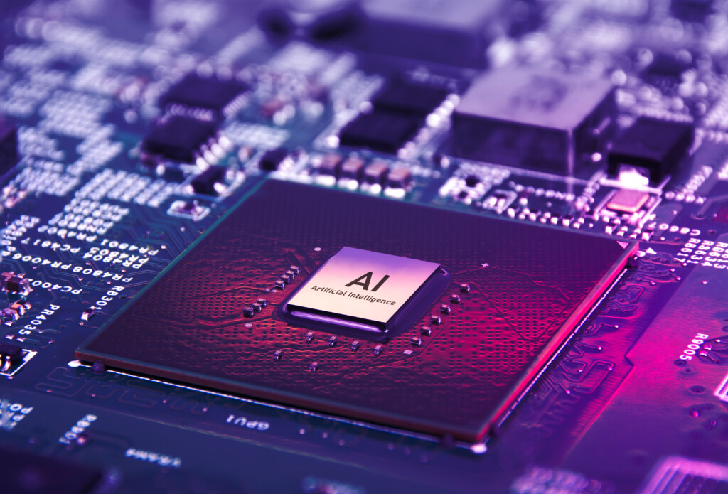 AI artificial intelligence concept, Close up of microprocessor on mainboard electronic computer background, Futuristic innovative technologies.