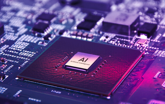 AI artificial intelligence concept, Close up of microprocessor on mainboard electronic computer background, Futuristic innovative technologies.