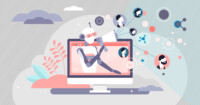 Marketing automation AI bot concept vector illustration. Flat tiny persons referral lead network building algorithm digital online app service. Sales growth optimization and business tech innovation.