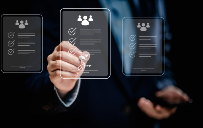 Businesswomen use stylus pens to sign approved electronic documents via the system, e-signing management, smart office paperless, working operating paperwork process automation online to efficient. e forms, electronic signature