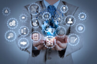 AR virtual screen dashboard with project management with icons of scheduling, budgeting, communication.businessman shows modern technology as concept