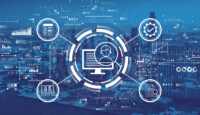 Document management system concept with downtown San Francisco skyline buildings